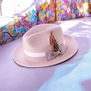 MONTIQUE MENS MAUVE 2 1/2" BRIM 2 TONE FEDORA HAT W GROSGRAIN BAND & FEATHER H91